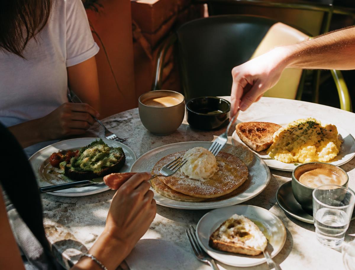 Friends sharing pancakes, eggs, toast and coffee at LUMA