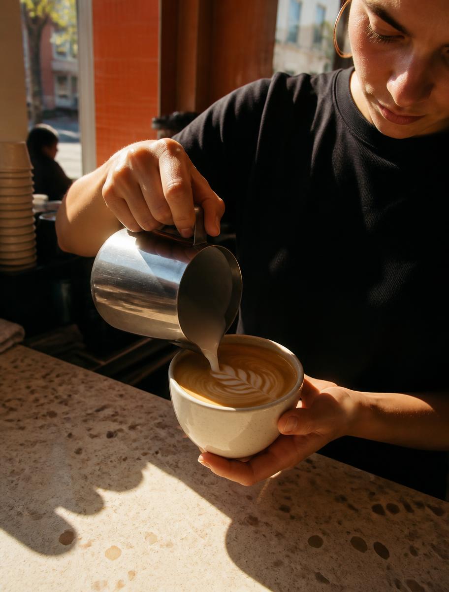 Barista pouring latte art in the morning sun