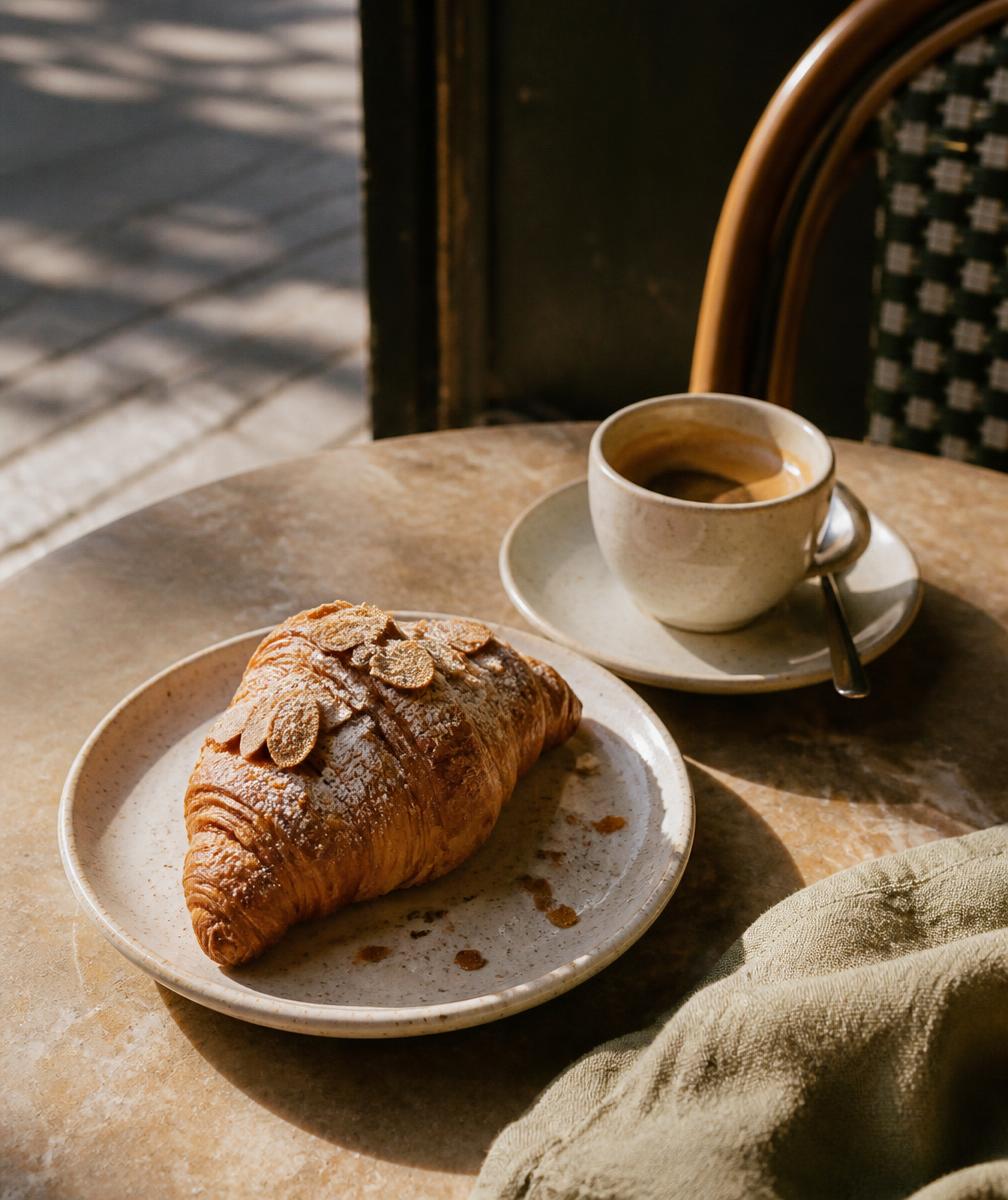 Almond croissant and espresso by a sunny café window